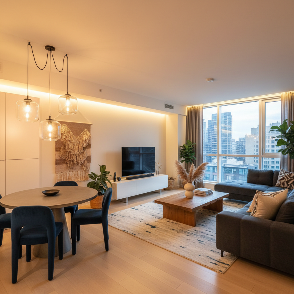 Modern apartment interior, furnished living room, city view, contemporary design