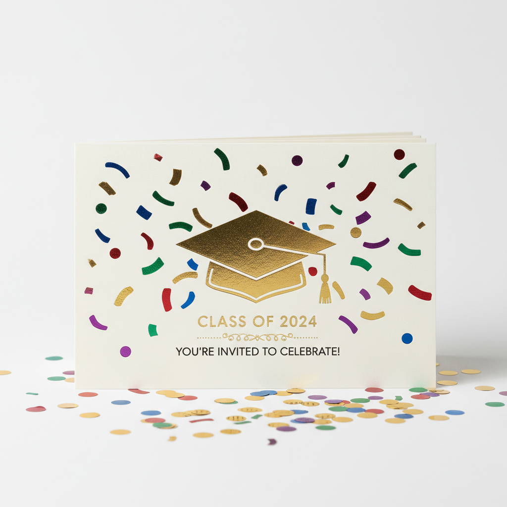 Graduation announcement cards with gold foil caps and celebratory confetti design