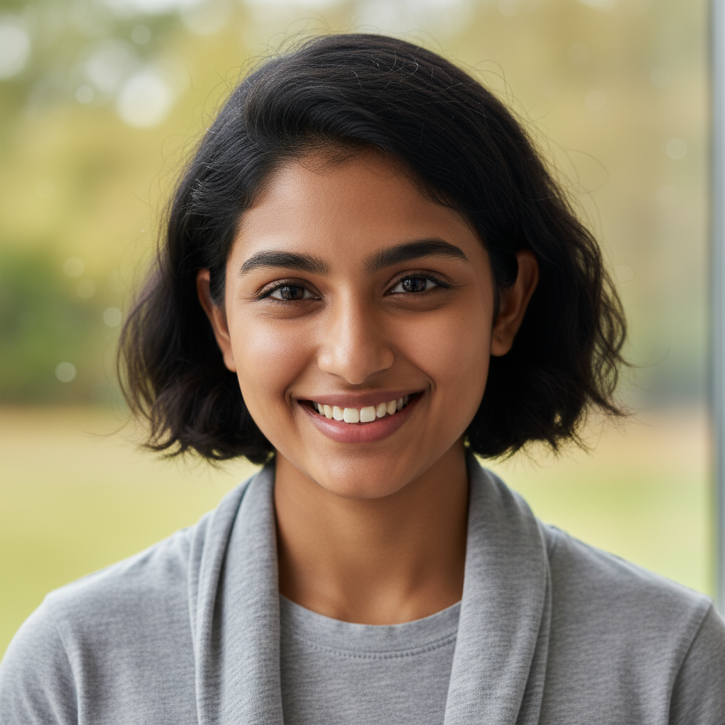 Indian woman with dark hair smiling, profile photo