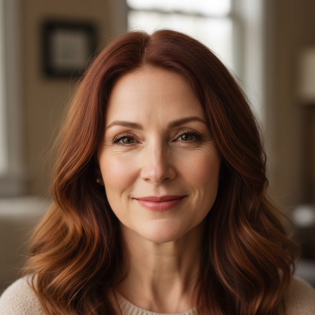 Fiona Macallister, woman in her 40s with auburn hair, warm expression