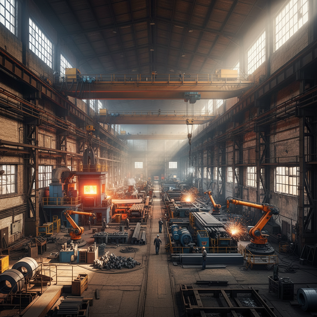 Steel manufacturing plant with industrial machinery, metal production line, factory operations, heavy industry