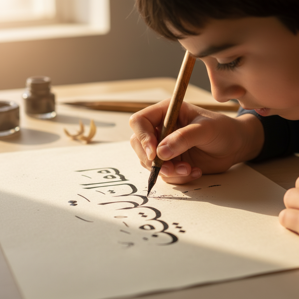 Young student writing Arabic calligraphy with careful concentration