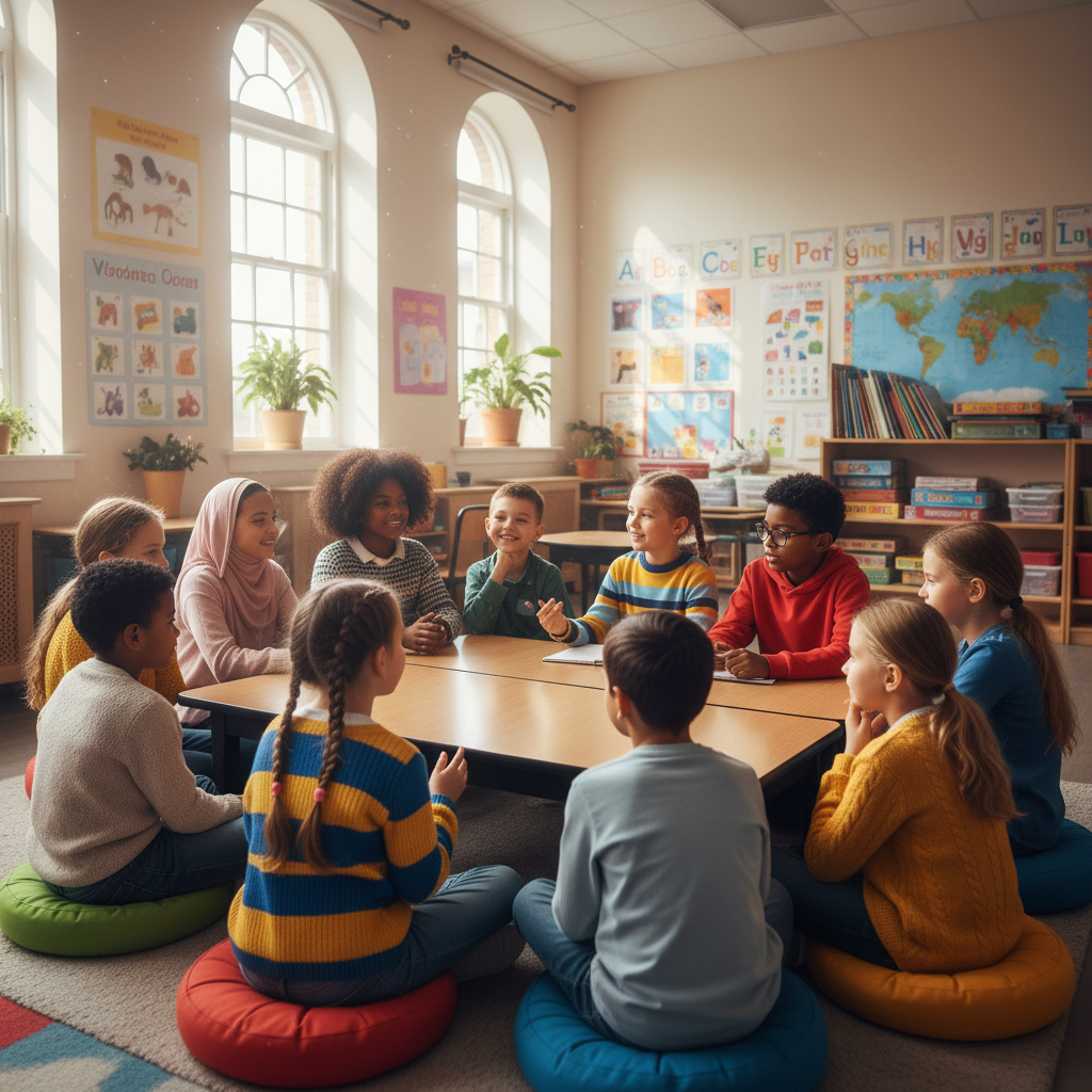 Group of diverse children sitting in a circle having a structured discussion in a bright classroom