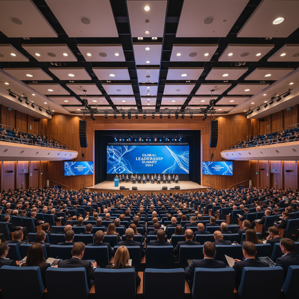 Gran evento corporativo e institucional en auditorio elegante con iluminación profesional y pantalla grande