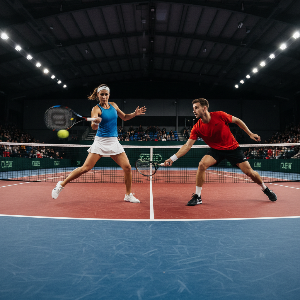 Two tennis players engaged in an intense rally on an indoor hard court