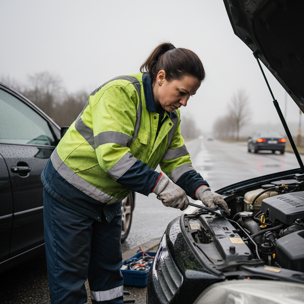 Roadside assistance operator in high-visibility vest working on vehicle, dark overcast sky, dim roadside lighting