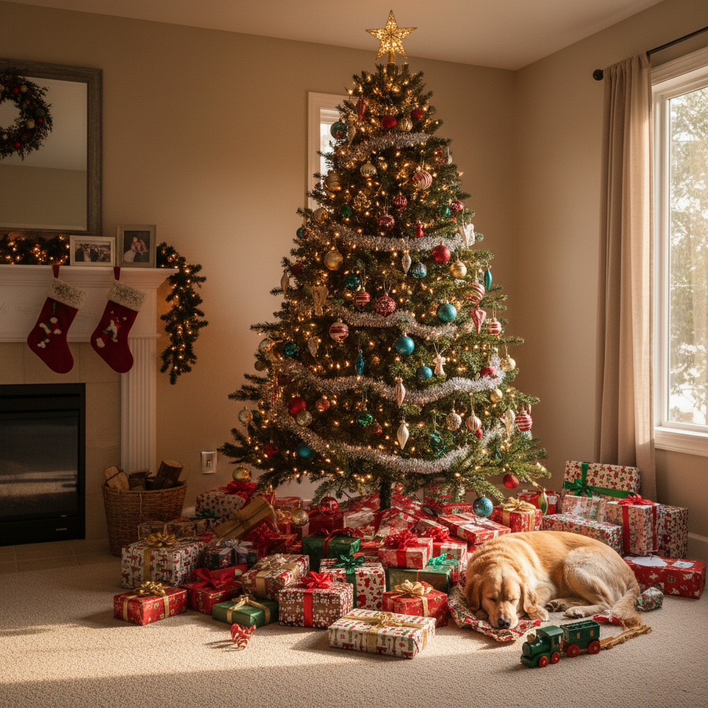 Golden retriever sitting by Christmas tree with wrapped presents