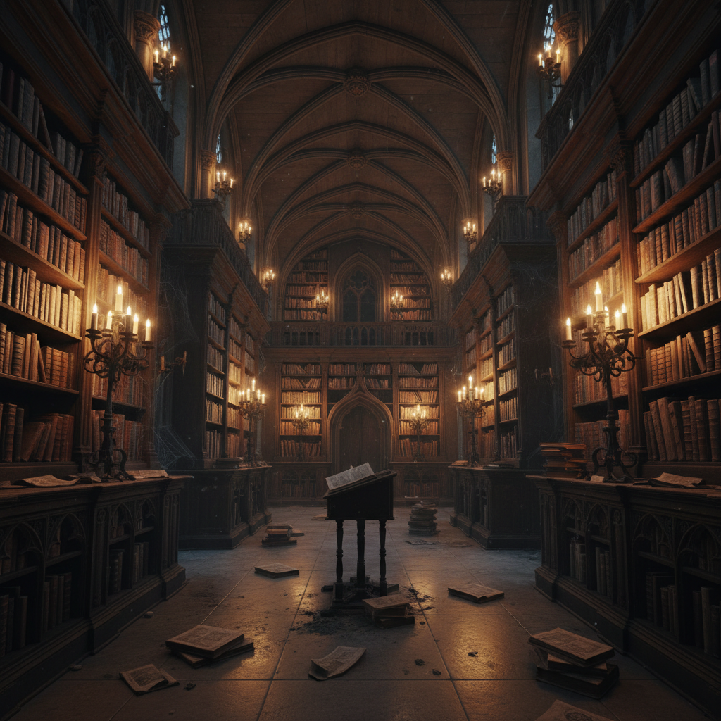 Dimly lit library with tall wooden bookshelves, warm amber candlelight, deep shadows, dusty academic atmosphere, rows of old books