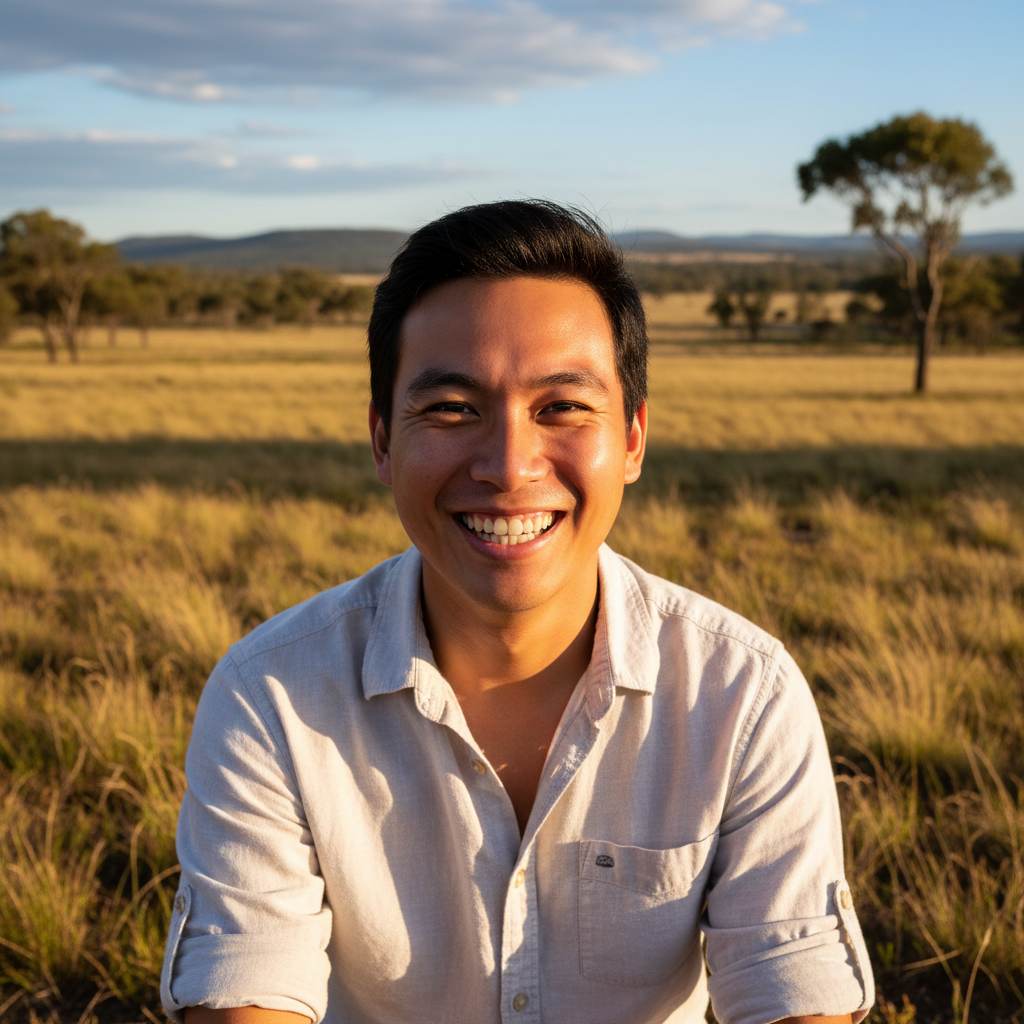 Young Vietnamese-Australian man smiling outdoors in regional Western Australia