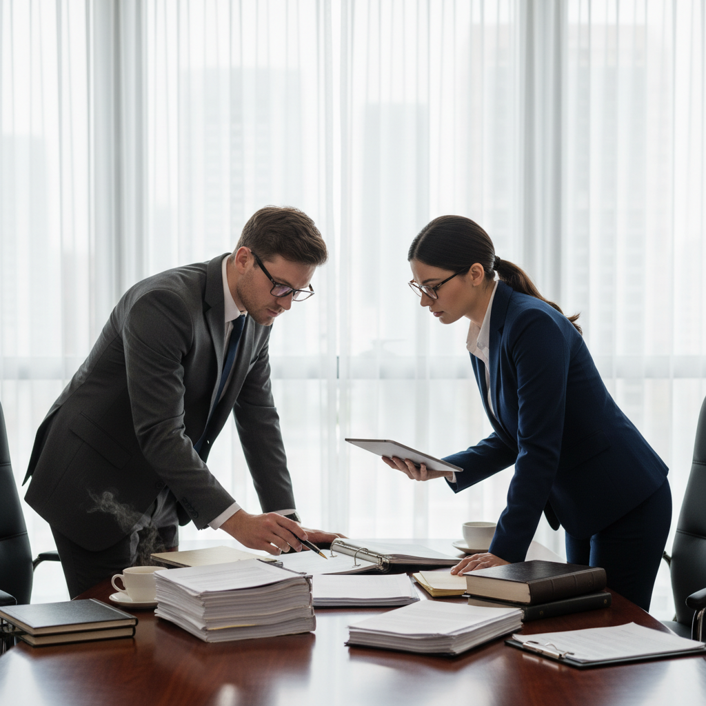 Two attorneys in focused conversation over open case files at a mahogany conference table, floor-to-ceiling windows behind them flooding the room with diffused natural light