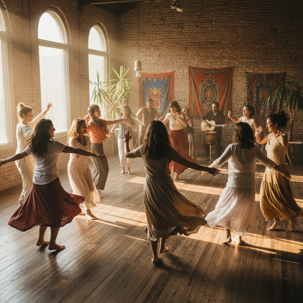 Community members dancing barefoot on warm wooden floor