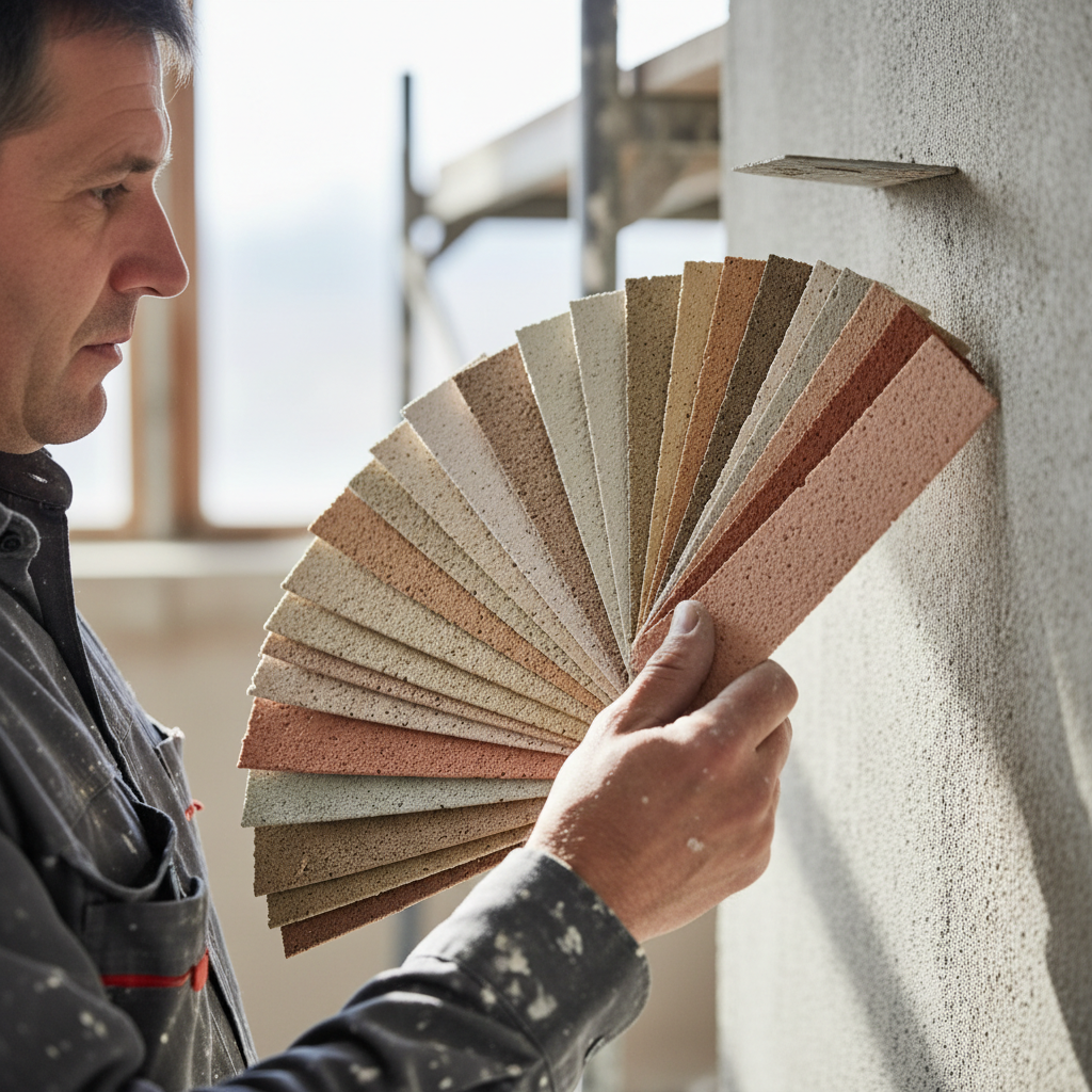 Plasterer holding a color-match fan deck of stucco finish samples against a freshly coated wall section, comparing integral color options