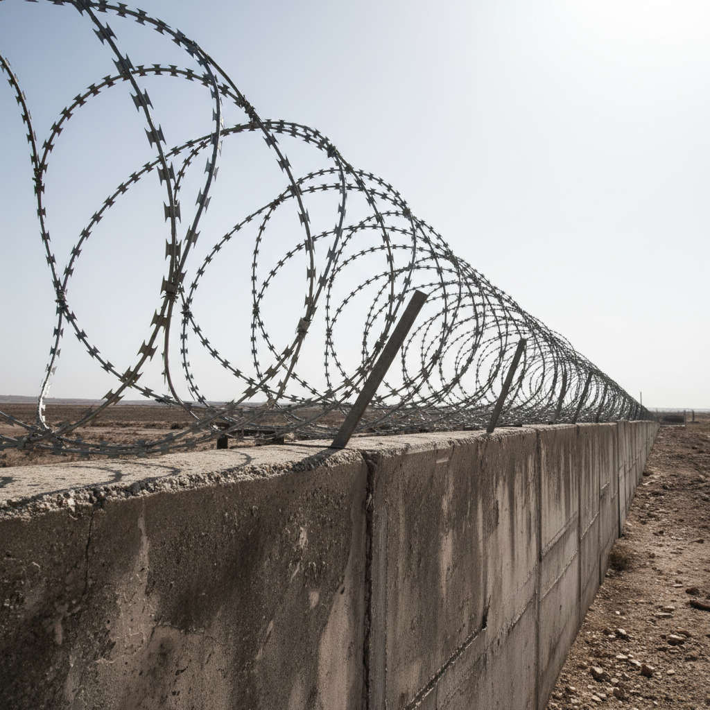 Concertina razor wire coils mounted on top of a security perimeter wall, spiraling in tight geometric loops