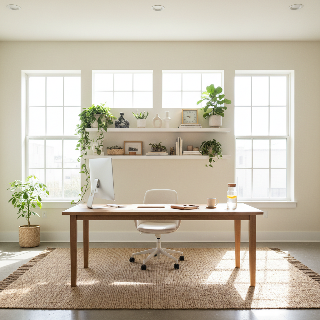 Home office planejado com mesa em madeira clara, estantes embutidas e iluminação natural