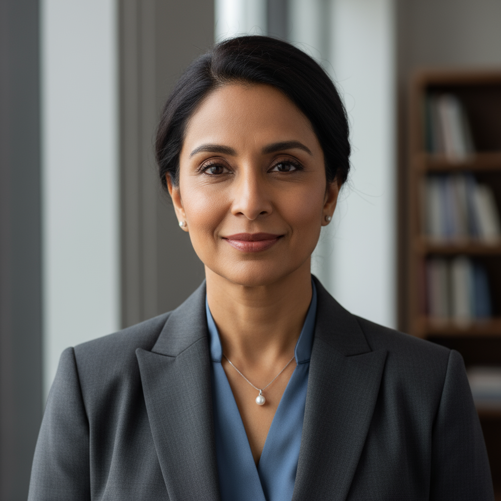 Portrait of middle-aged Indian woman with confident expression against light background