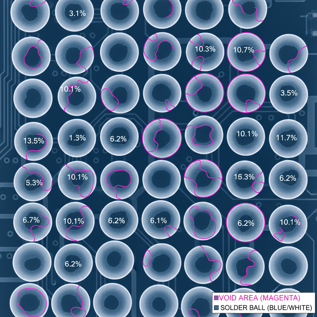 X-ray inspection of BGA solder balls showing void analysis