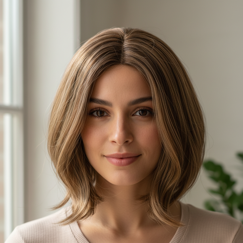 Young woman with blended fiber lob wig in natural lighting
