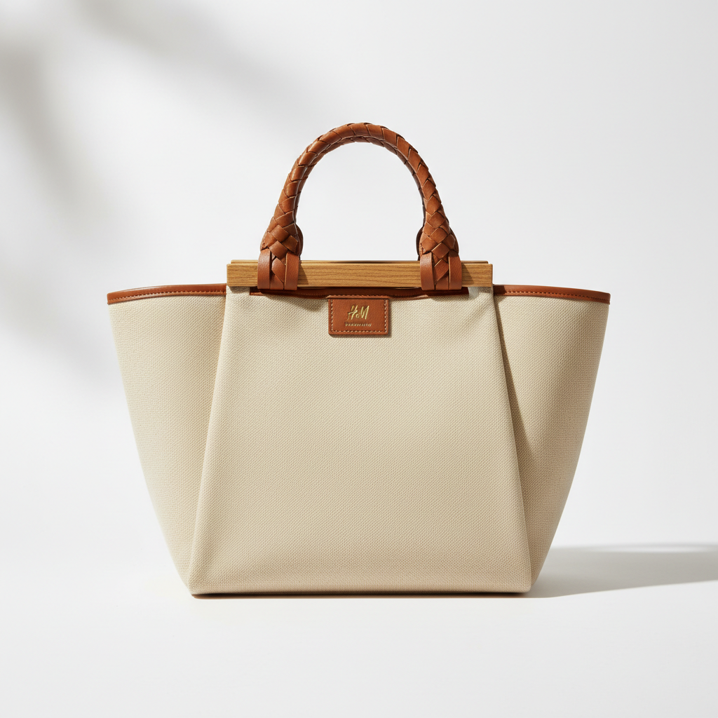 Premium leather and canvas tote bag on natural wood surface with warm light