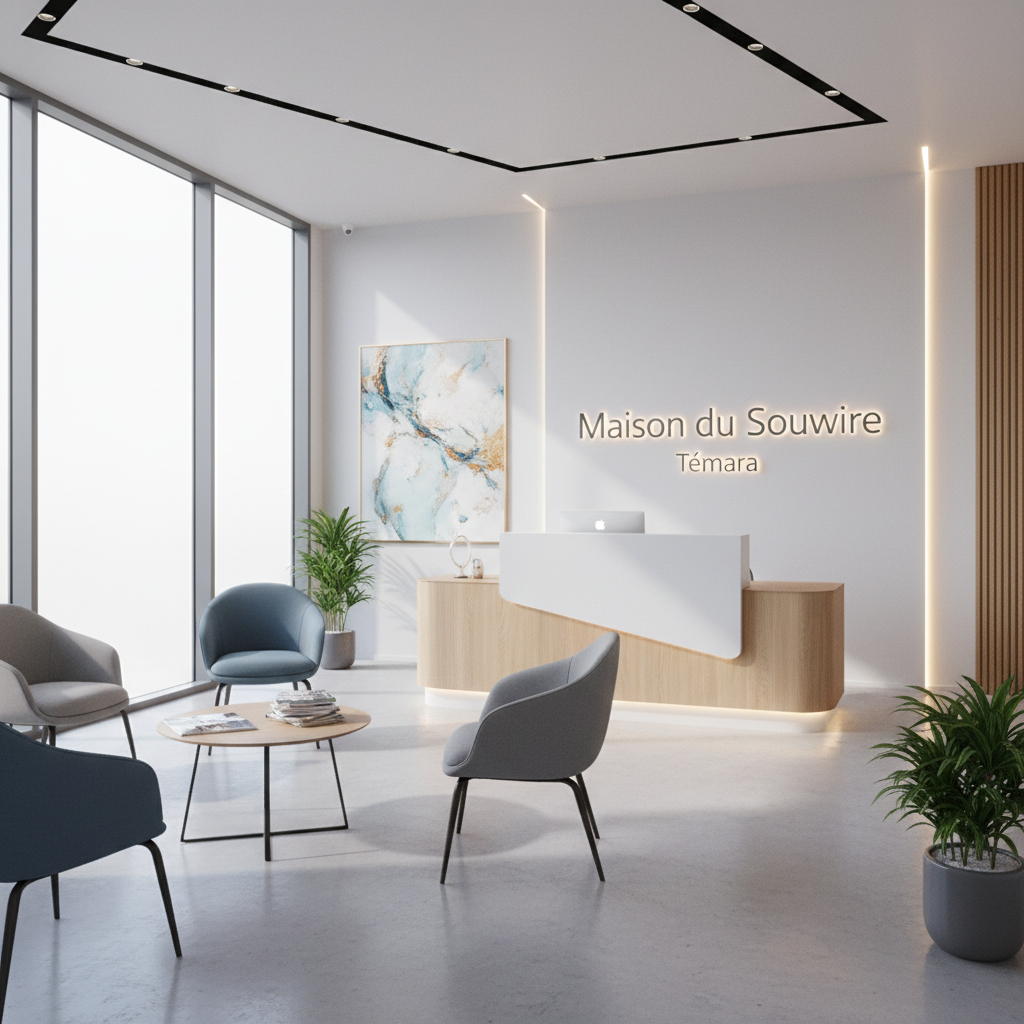 Contemporary dental office waiting area with modern furniture, clean design, and welcoming atmosphere