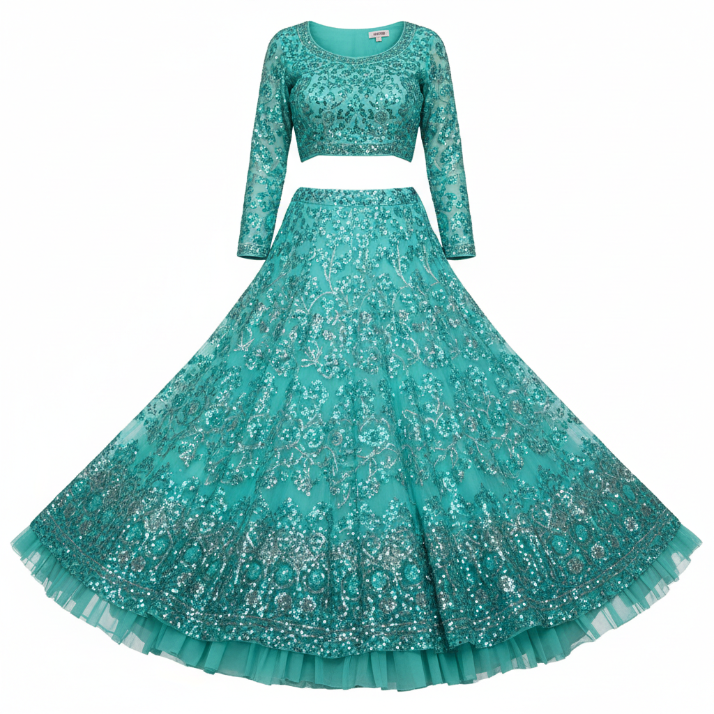 Coral pink lehenga choli with embroidered blouse and flared skirt for wedding guest