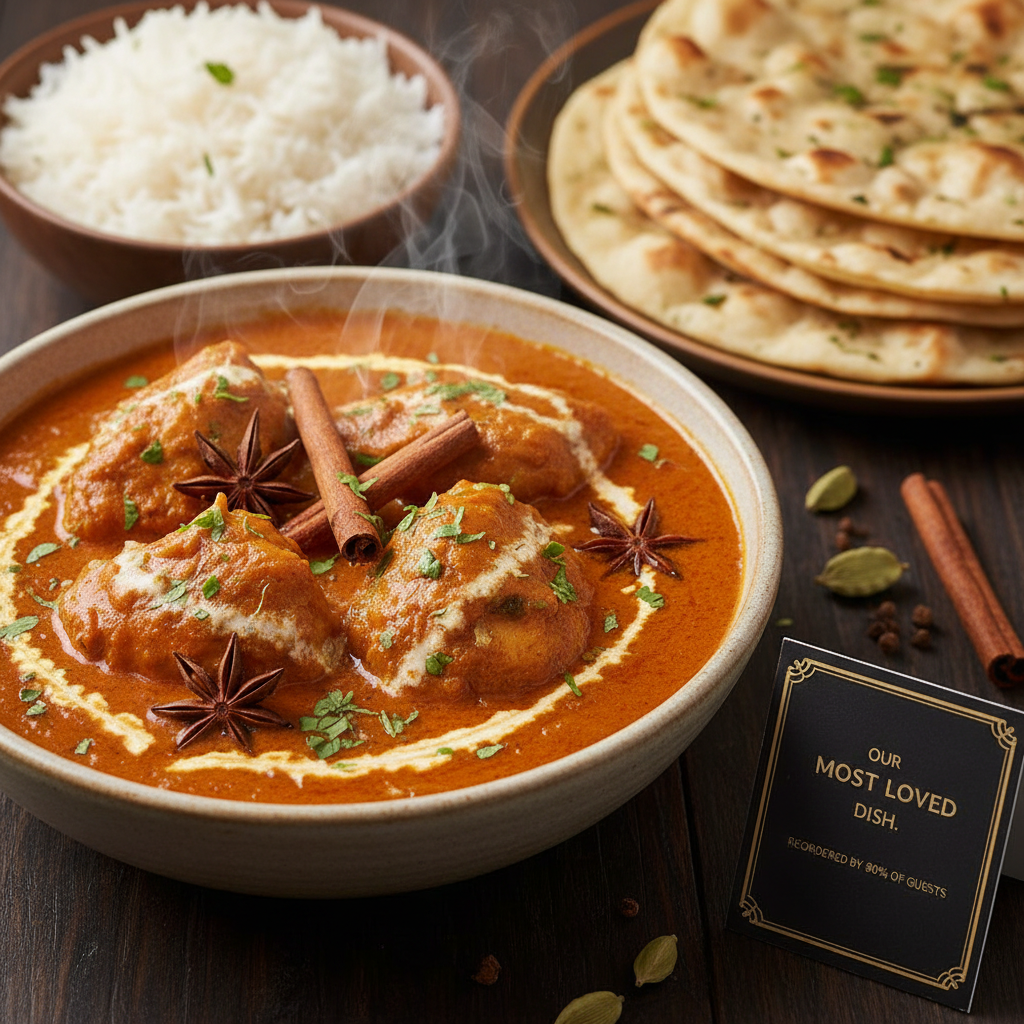 Butter Chicken Royale — Tender chicken tikka simmered in a rich tomato-cream sauce w