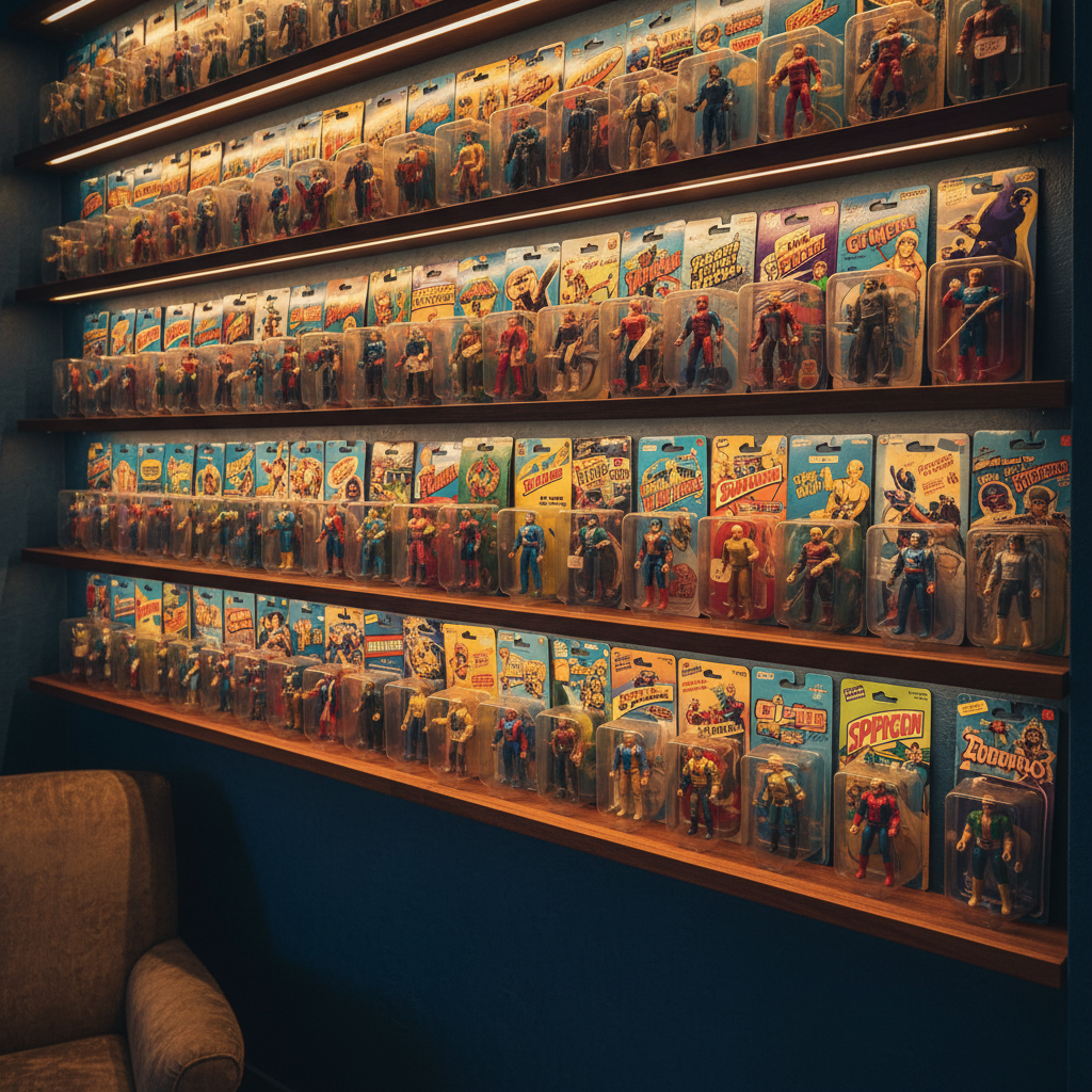 Close-up of premium action figure packaging with collector grade quality marks in well-lit studio setting