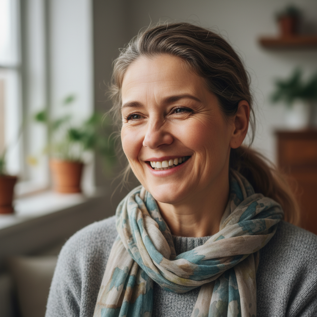 Portrait of a woman in her 50s with gray hair smiling warmly