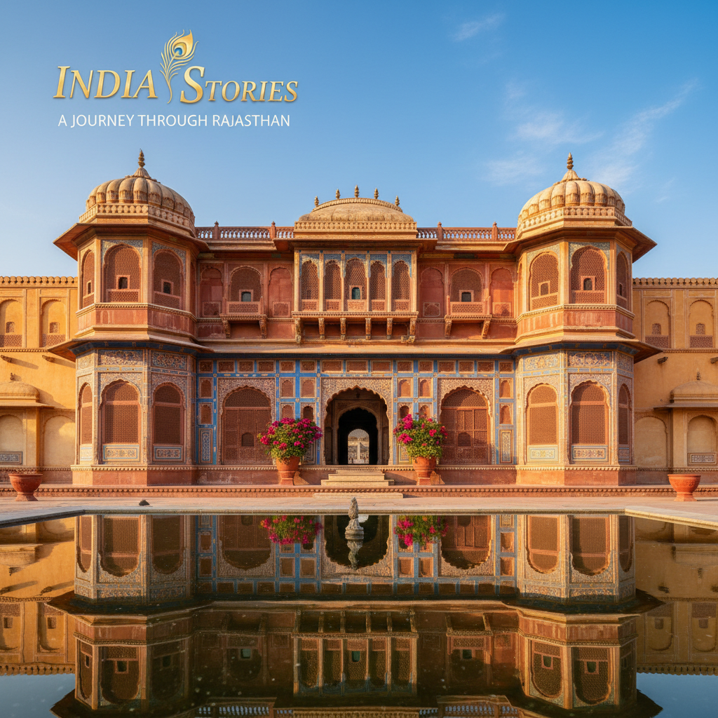 Ornate Rajasthani palace at golden dusk, intricate sandstone carvings, deep warm light, dramatic shadows