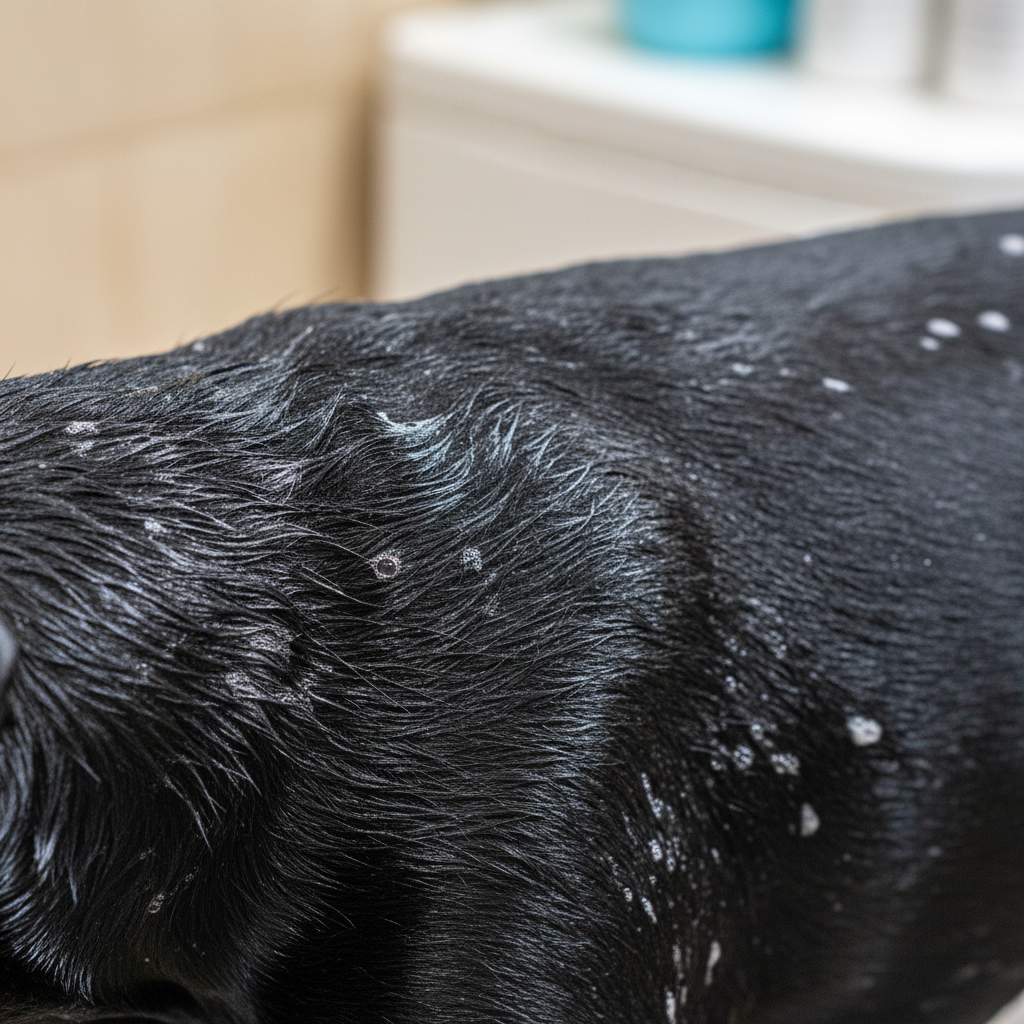 Extreme close-up of Doberman coat after rinse, each hair shaft lying flat and glistening under studio lighting