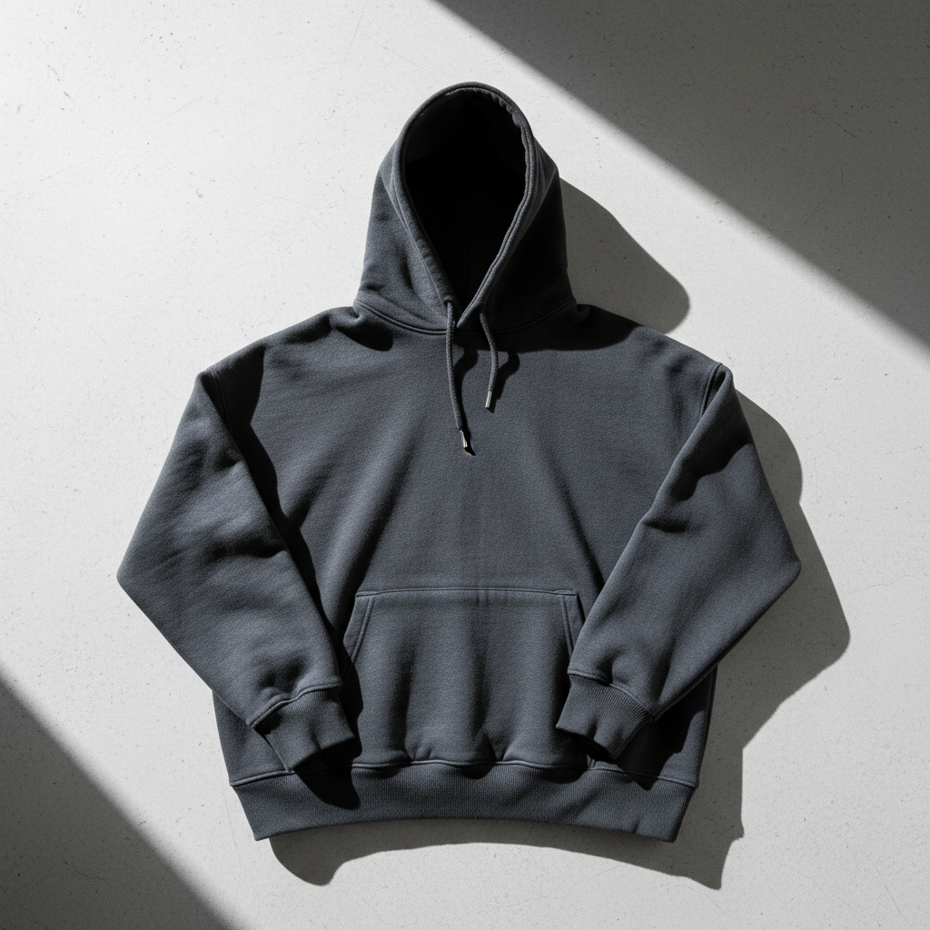 Grey woolen hoodie sweatshirt with front pocket and drawstrings