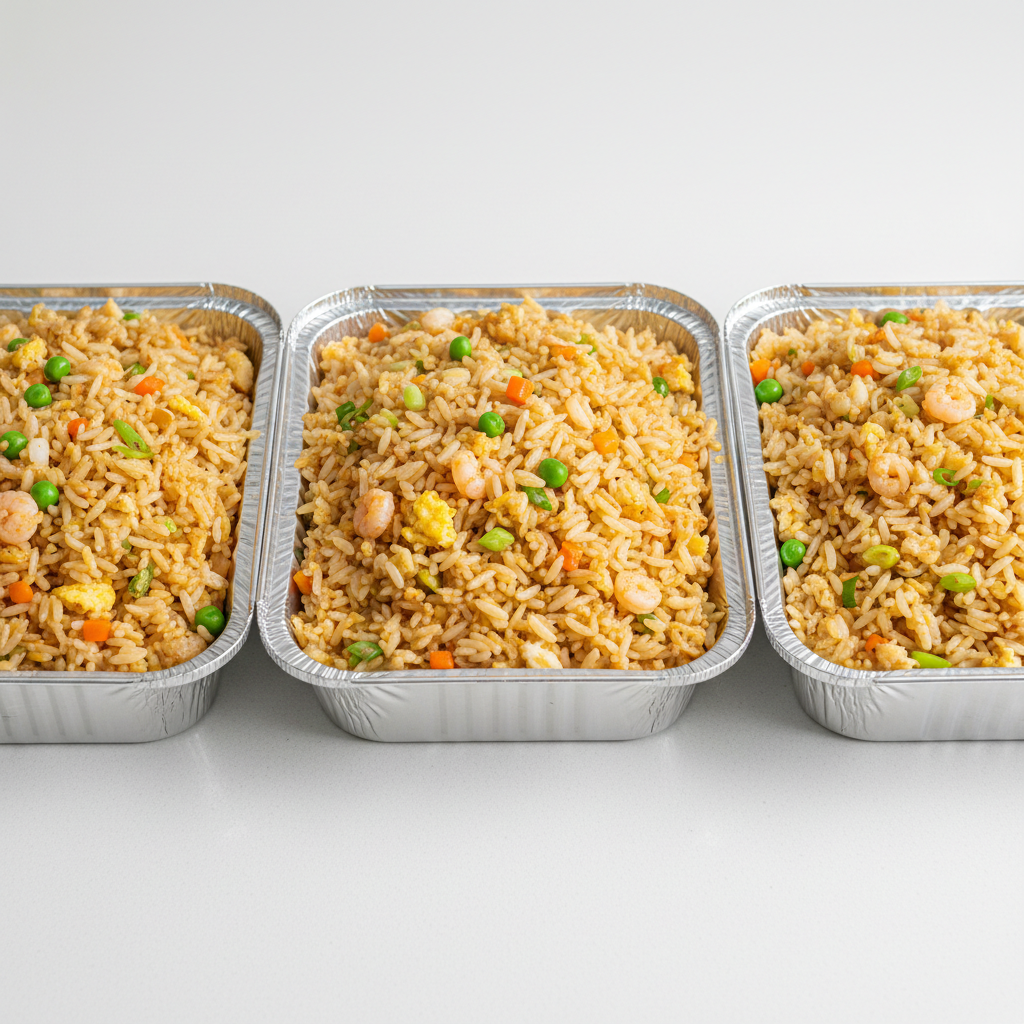 Nasi goreng in aluminium trays voor een kantoorlunch in Den Haag