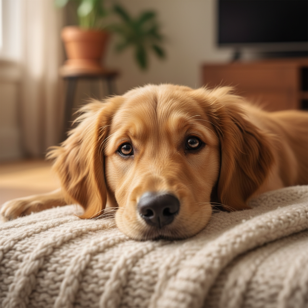 Fluffy golden retriever puppy sleeping peacefully in a cozy wool dog bed, soft natural light