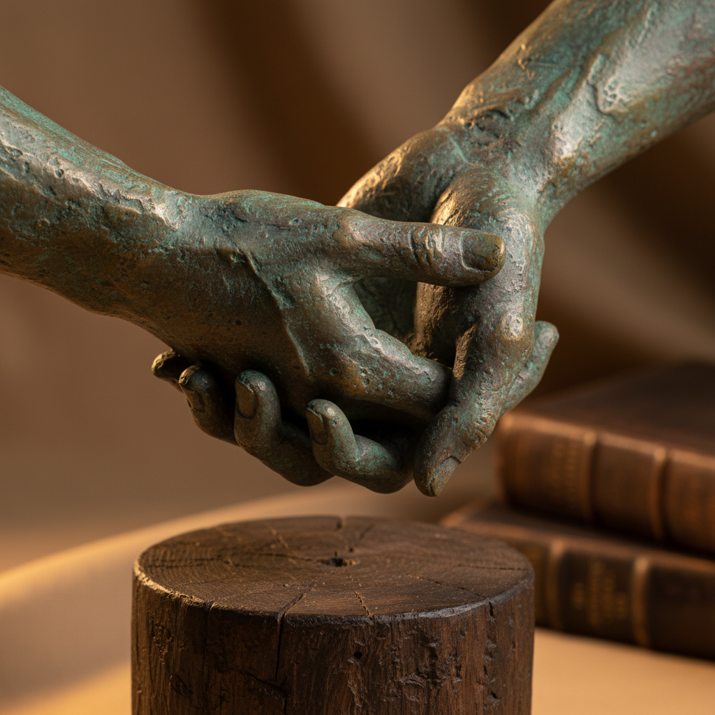 Bronze cast hands sculpture with patina detail in warm studio light