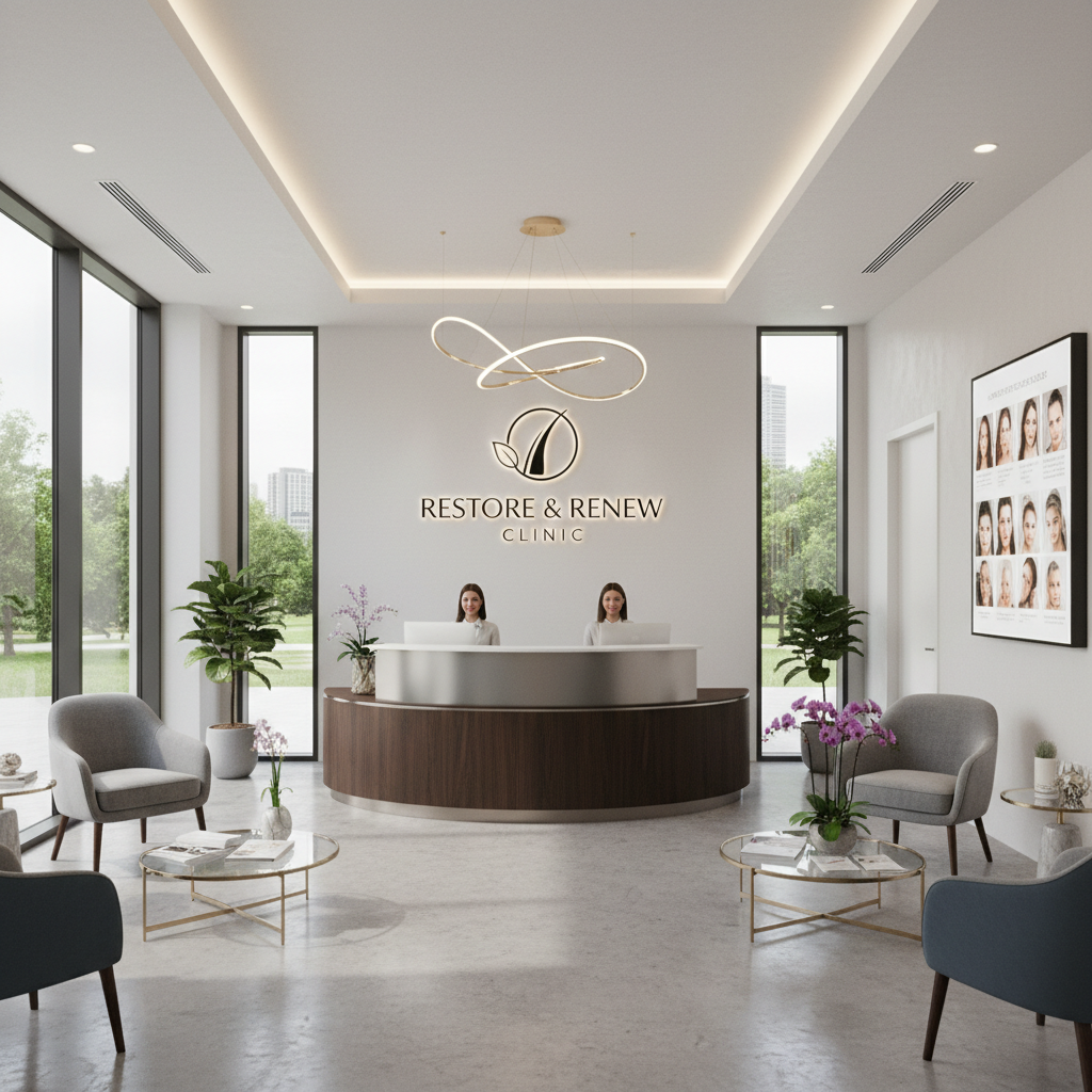 Modern health clinic interior with bright lighting and welcoming reception area