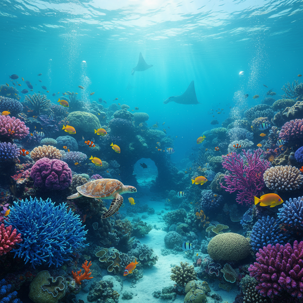 Vibrant coral reef underwater scene with tropical fish and colorful marine life