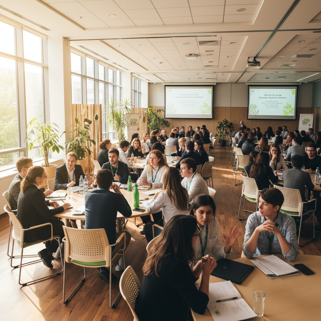 MBA students in business presentation, professional conference room, bright modern setting