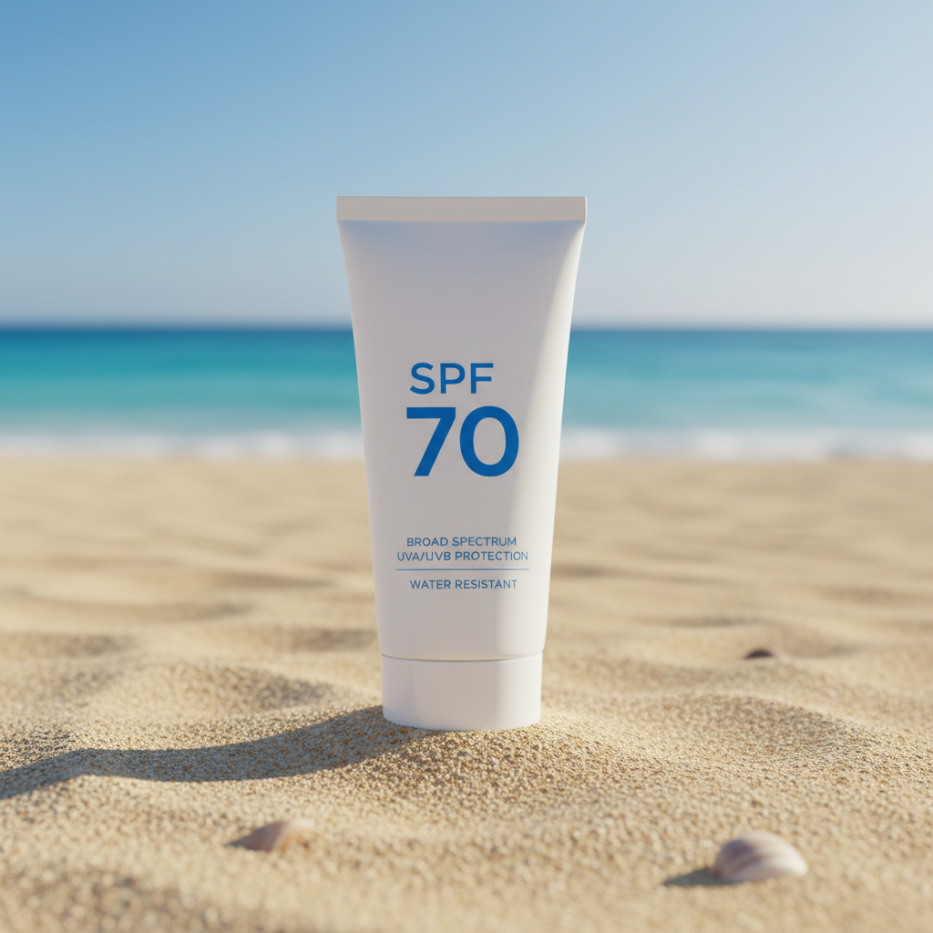 Protector solar SPF50 tubo blanco sobre arena de playa con luz solar