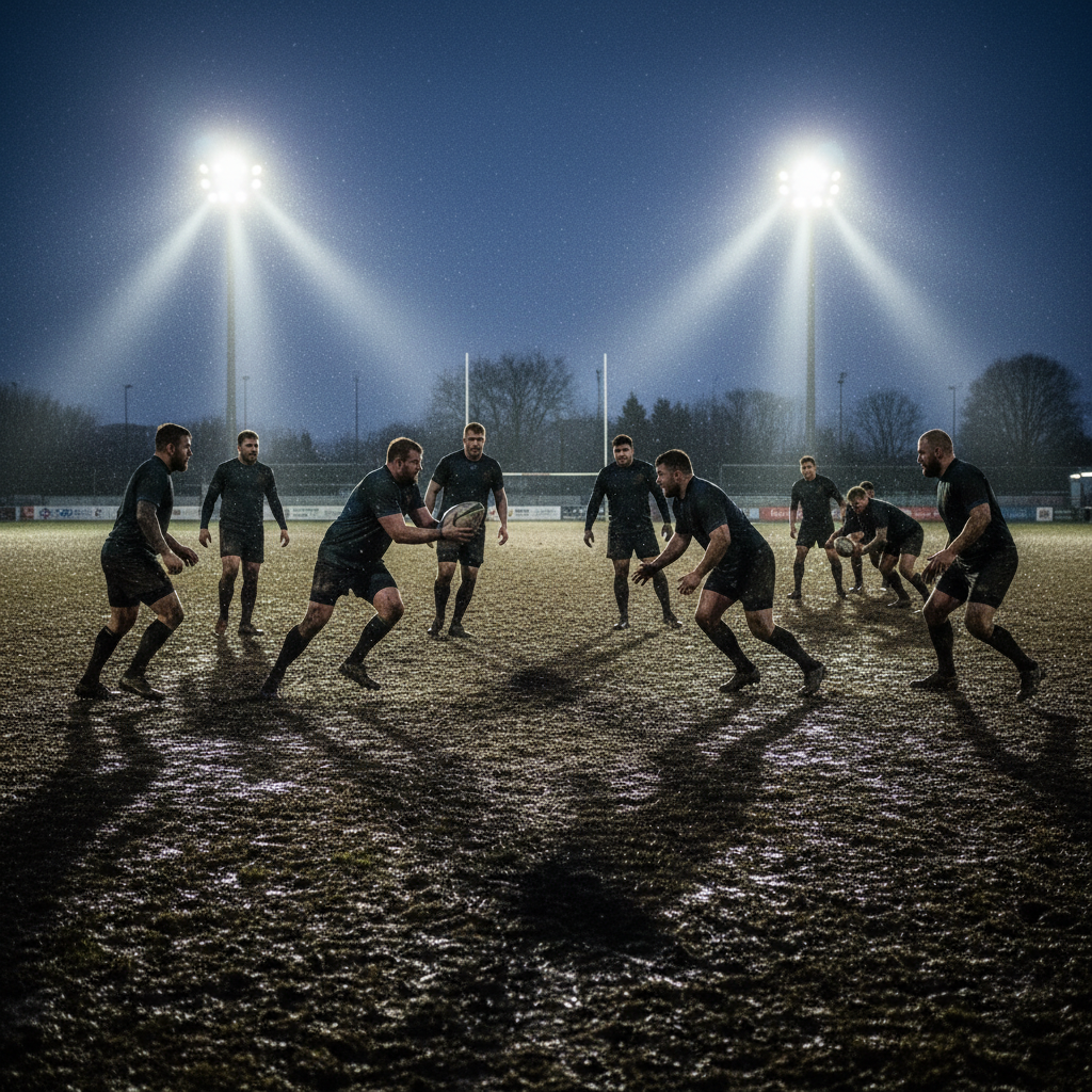 Rugby players training under floodlights on a muddy winter pitch