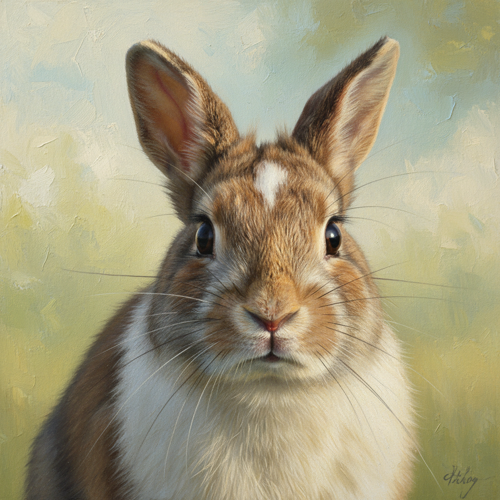 A rescue rabbit posed beautifully against a warm hand-painted backdrop, looking alert and adorable, clearly adoptable