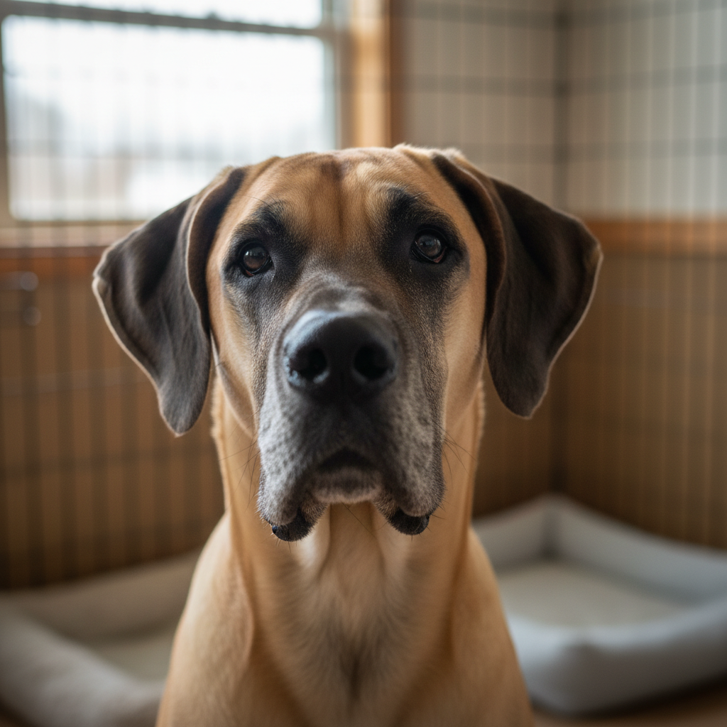 Great Dane dog at an animal shelter looking toward camera