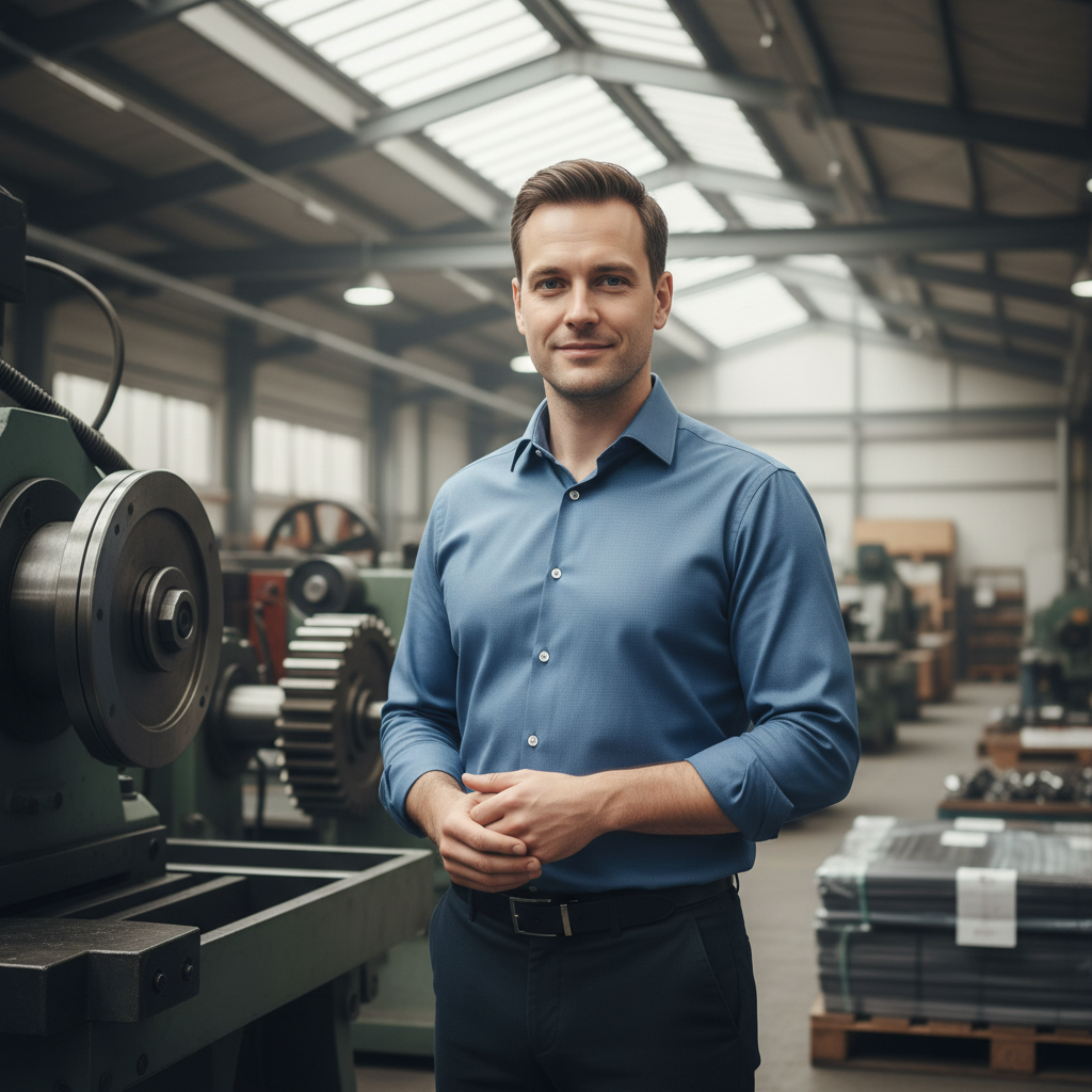 Middle-aged man in blue work shirt standing in modern manufacturing facility with machinery