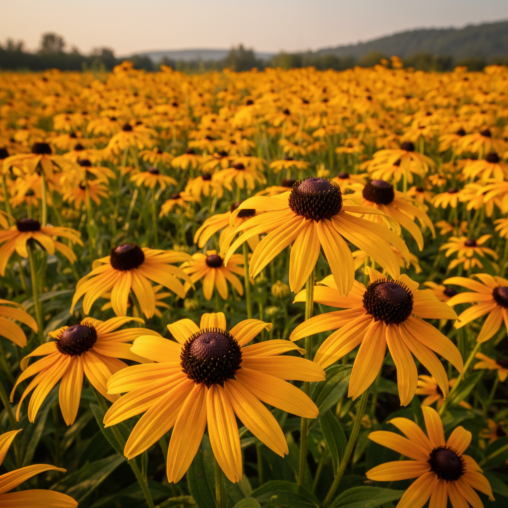 Large golden Indian Summer black-eyed susan rudbeckia flowers in afternoon light