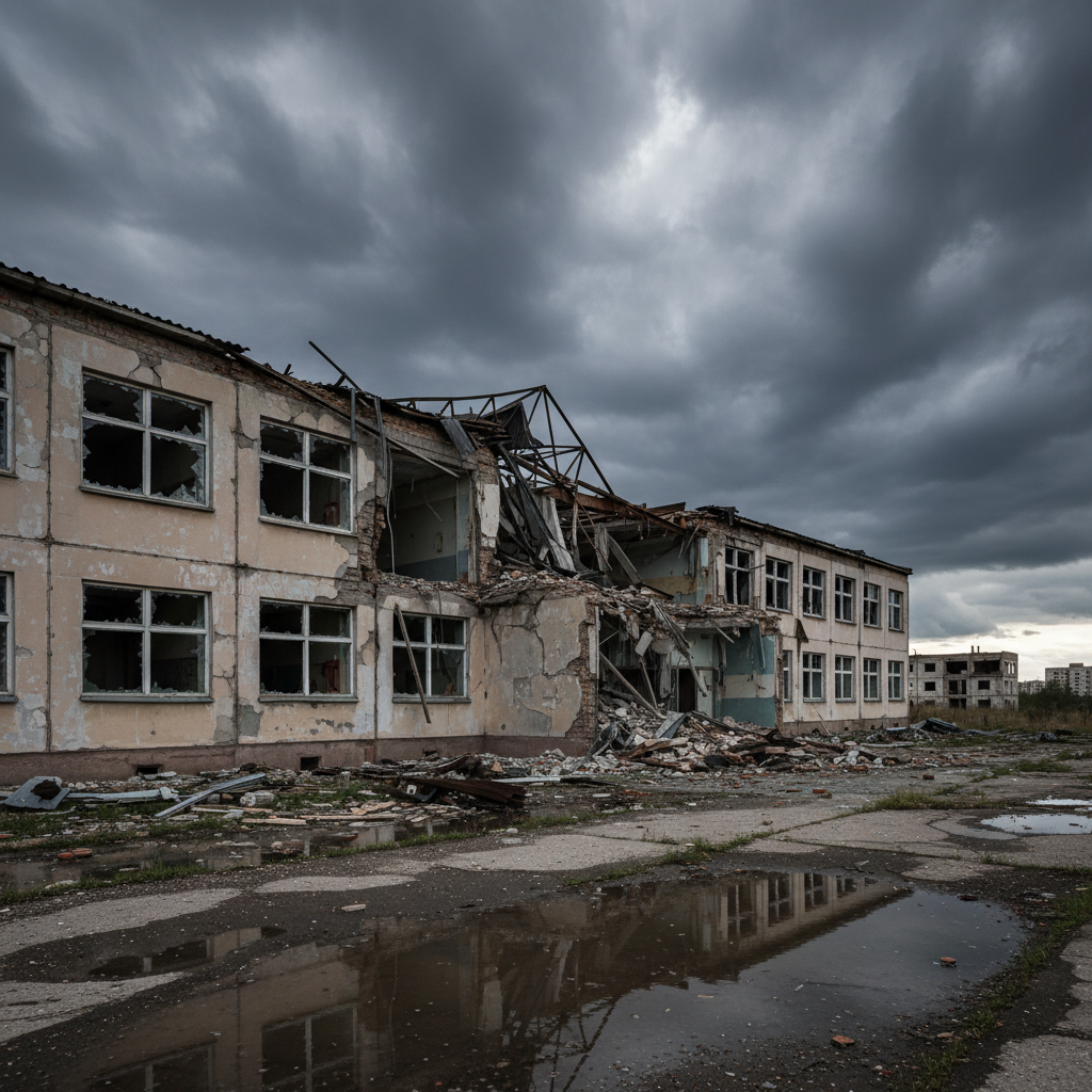 Damaged school building exterior with broken windows and crumbled walls, debris on the ground, muted grey tones, somber humanitarian disaster scene