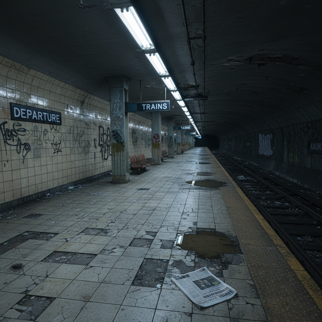 Aging subway platform circa 2009 with fluorescent lighting, cracked tiles, and analog signage with missing letters