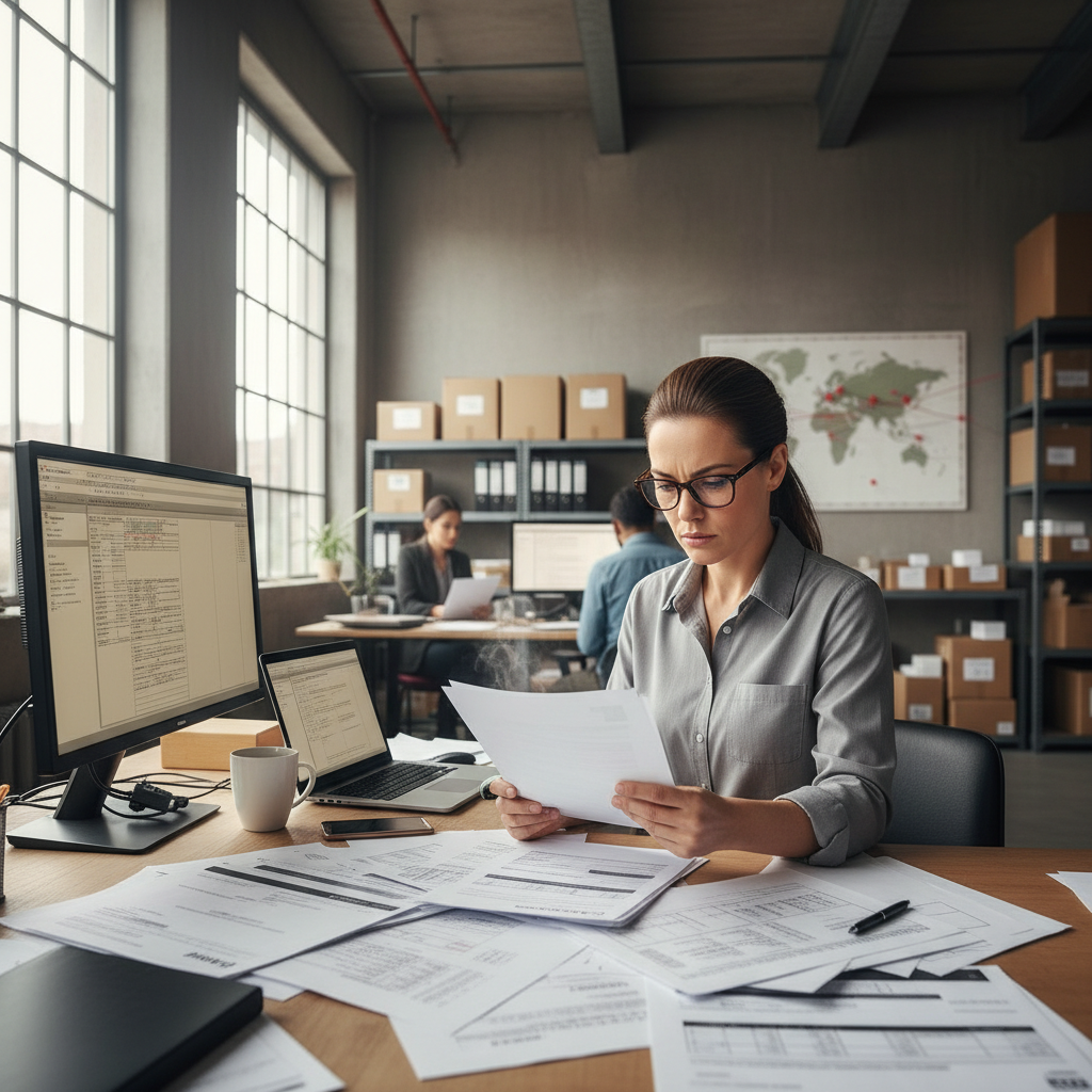 Logistics coordinator at computer screen reviewing freight routes and shipment data in office