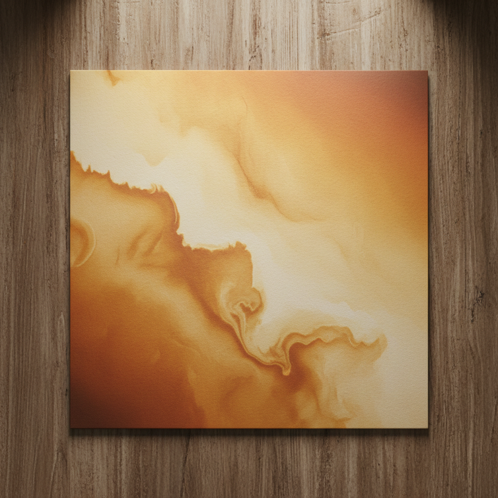 Gatefold vinyl record sleeve with warm amber and cream tones on wooden surface with soft lighting