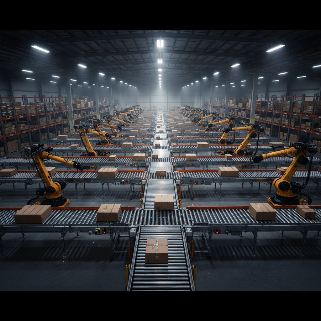 Logistics warehouse interior with trucks and packages, industrial lighting with dramatic shadows