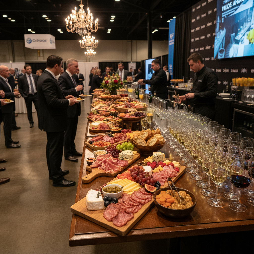Elegant catering spread with warmly lit buffet tables, rich food displays, deep shadows, atmospheric event venue lighting