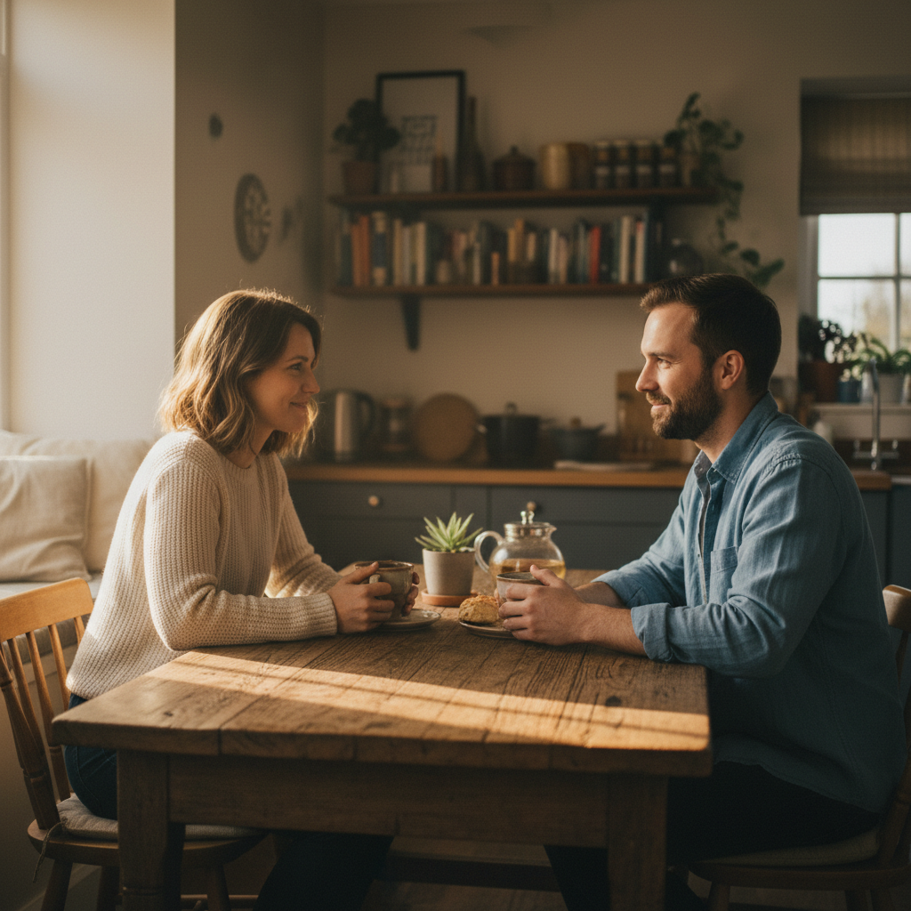 Two people sitting together at a kitchen table with warm afternoon light coming through the window, dark interior, intimate and still
