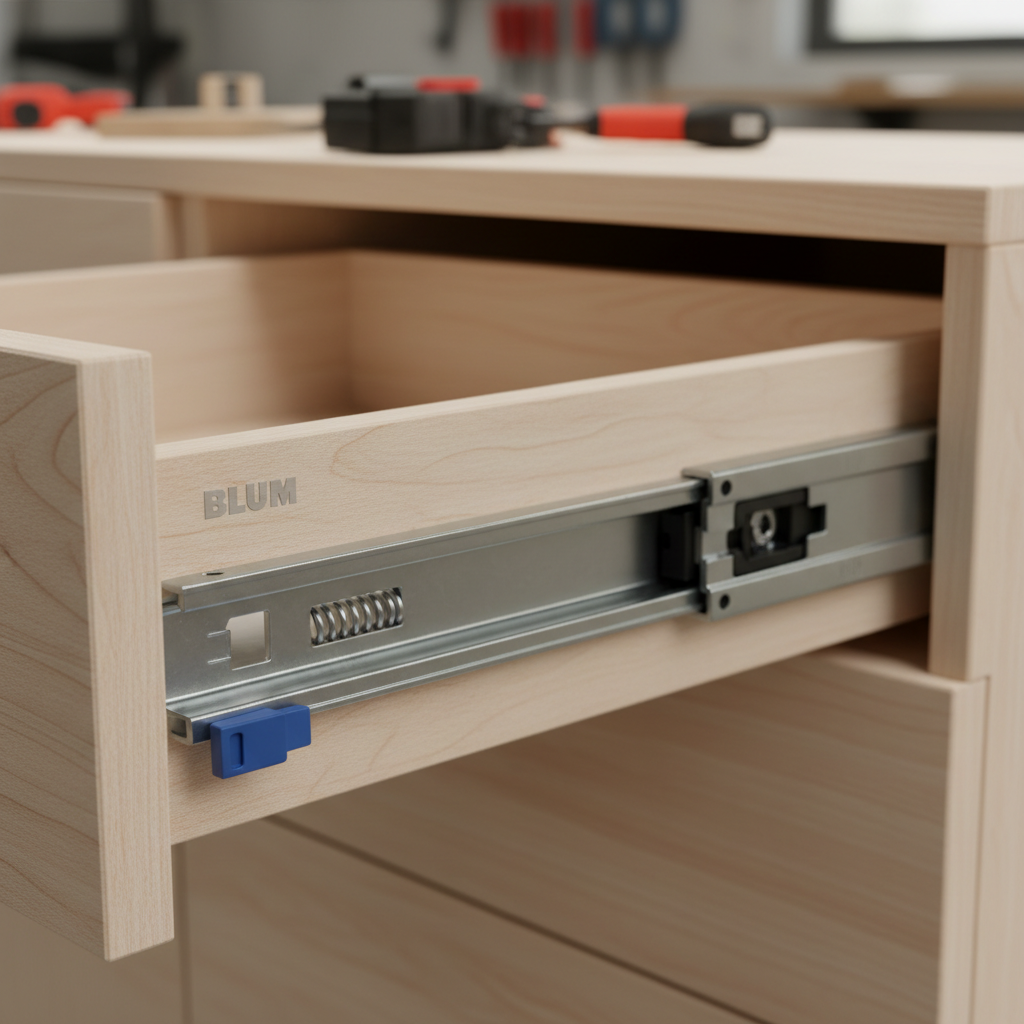 Blum soft-close drawer runner mechanism shown in close detail